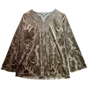 Krazy Kat Women's Embroidered Floral Tunic Top Long Sleeve Sz S Beige Split Neck